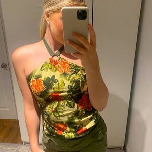 Y2K floral green halter top